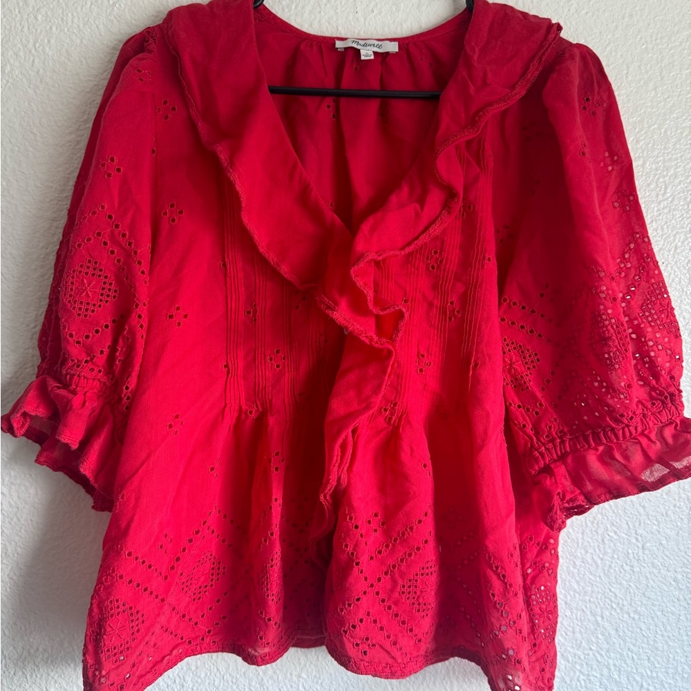 Madewell Red Eyelet Ruffle Blouse